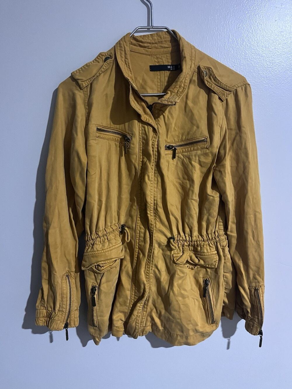 Max Jeans Women’s Yellow Military Jacket Short Full Zip Pockets Long Sleeve S